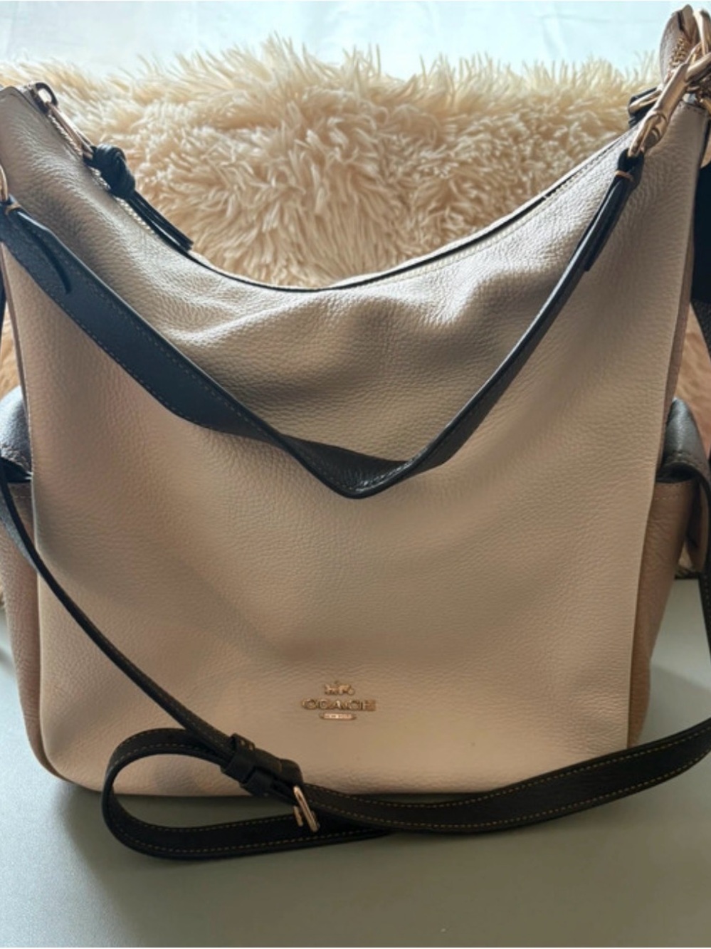 Coach Two-Tone Pebbled Leather Hobo Bag in Beige and Black